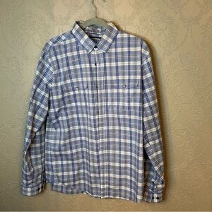 Express fitted button down shirt L plaid blue white great condition